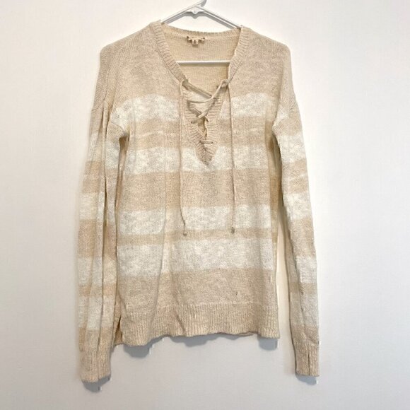 HEM & THREAD ALTAR'D STATE Cream White Striped Lace Up Knit Pullover Sweatshirt - Picture 2 of 14